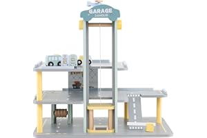 GLACER Wooden Garage Playset, Toddler Parking Garage Toy w/Elevator, Helipad, Wash Center, Charging & Gas Station, Pretend Vehicle Center for Kids 3+ Years Old