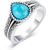BETHZA Genuine Turquoise Rings for Women 925 Sterling Silver Natural Teardrop Turquoise Gemstone Ring Western Vintage Style Ring Bohemian Jewelry Gifts