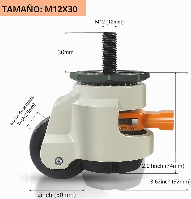 Ruedas para Muebles Pesados Hasta 1000 kg, Rueda Giratorias 360° con Carraca Ajustable, 50mm Silencioso y Resistente Ruedas Pesados para Muebles con Perno M12x30