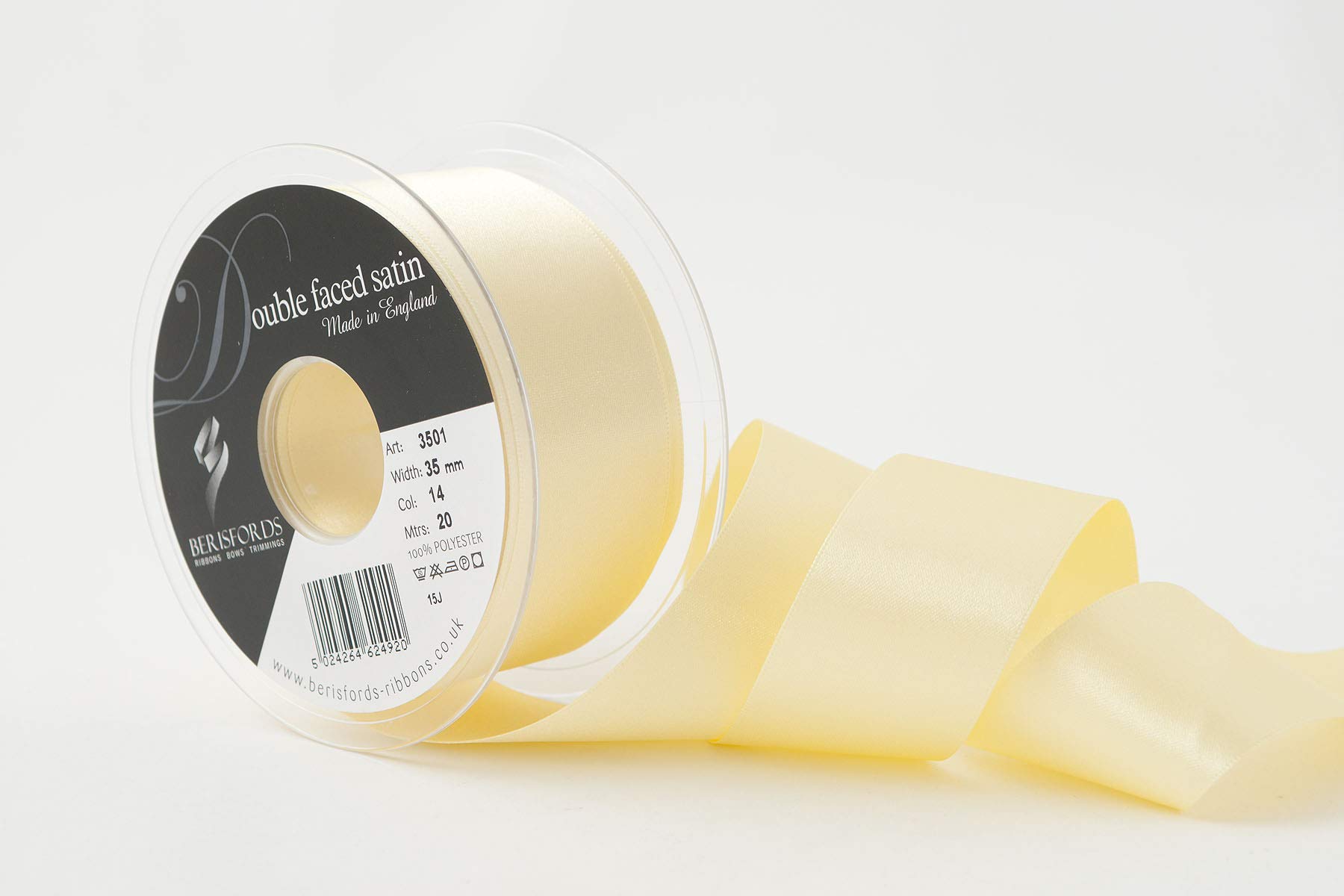 Berisfords Double FACE Poly Satin Ribbon, Pale Lemon, 35 mm — image 1