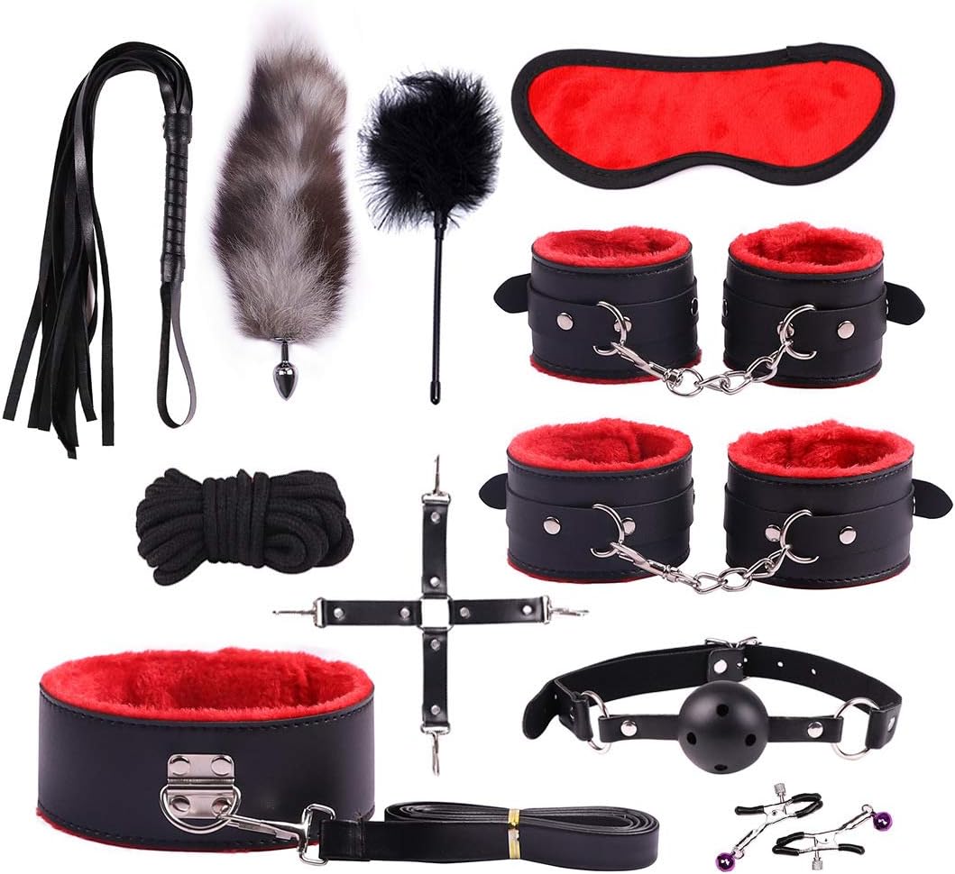 Binding Bundled Set Suit Plush Yoga Long Leather 11Pcs 5 Colors BSDM Gear Sēxy Kit Blindfold Hāndcuff Whip SM Cosplay Queen Rëštrâîňtš for Lover Beginner Funny Toys Passionate Moment
