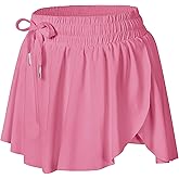 Wsirmet Flowy Shorts for Women Butterfly Shorts 2 in 1 Athletic Workout Gym Biker Running Shorts with Pockets CoralRed XL