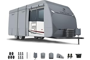 VINPATIO RV Cover, 7 Layers Heavy Duty RV & Trailer Cover, Toy Hauler Cover Fits 33'-35' RV Travel Trailer Camper Cover with Tongue Jack Cover, Extra Windproof Straps, Gutter Covers