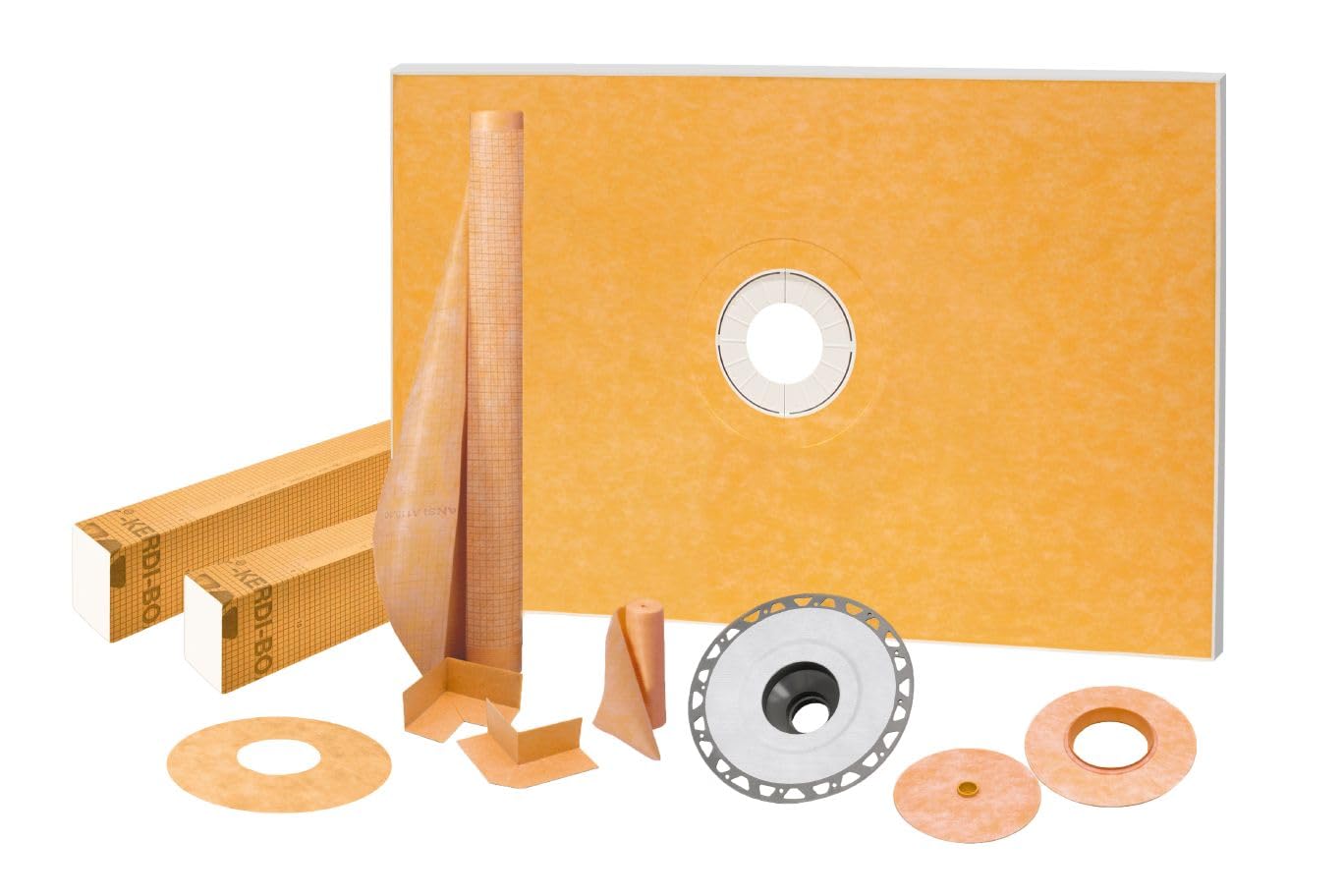 View 1 of *May have minor damage* Schluter Kerdi Shower Kit with Shower Tray, Curb, Waterproofing Membrane, Strips & Seals - PVC Plastic, 48" x 72" Tray Size, Center Outlet Position - KSK12201830PVC