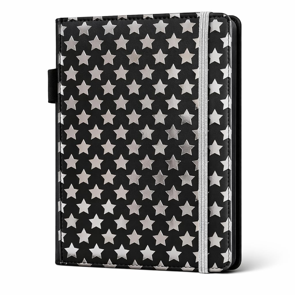 EJRange Notebook A5 Lined Note Pad- Padded Wipe Clean Cover Ruled Journal Notebooks Stationary, 192 Pages, Stars Design(Black)