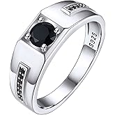 Bestyle Sterling Silver Ring for Men Wedding Band for Him, Black/White Gemstone Ring Silver Mens Signet Pinky Ring, Love Promise Ring for Dad/Husband, Size 6-13
