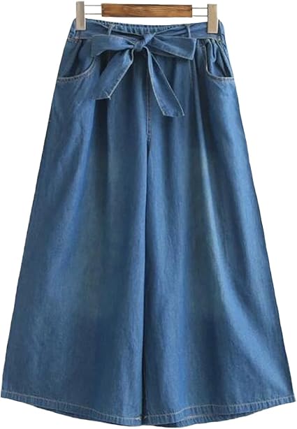 SUGIRLS Women's Elastic Waist Self Tie Wide Leg Denim Palazzo Pants Dark Blue at Amazon Women's 