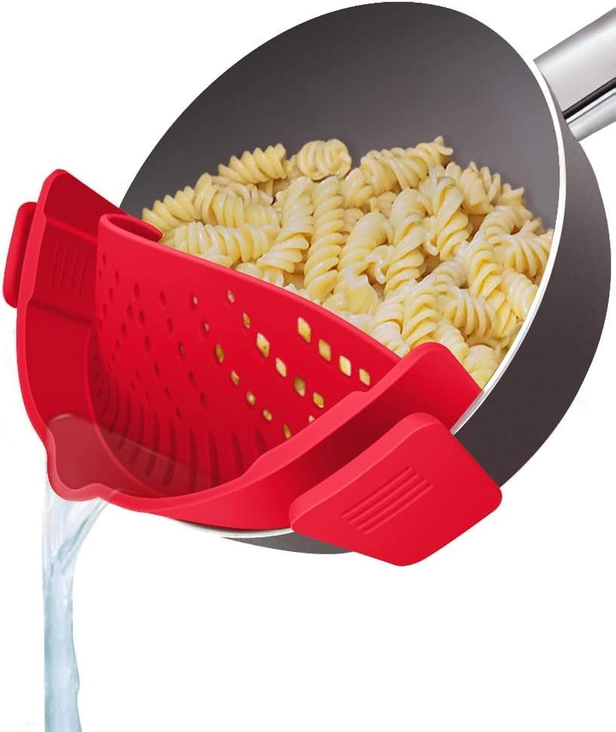 Clip on Strainer for Pots Pans, Heat Resistant Silicone, Easy to Use and Store, Dishwasher Safe Adjustable Silicone Clip On Strainer for Pots, Pans, and Bowls - Red