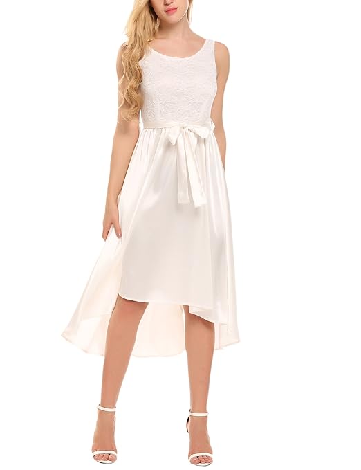 Meaneor Damen Spitzenkleid Vorne Kurz Hinten Lang Festliche Kleider Ärmellos Partykleid mit Gürtel (DE Stock)