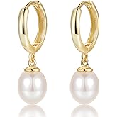 EAMTI Pearl Earrings for Women Trendy 925 Sterling Silver Freshwater Cultured Pearl Huggie Hoop Drop Earrings 14K Gold Plated