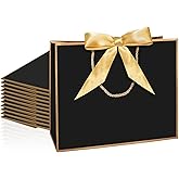 LDIWEE 12Pcs Gift Bags with Handles, Paper Bag with Bow Ribbon Gift Wrap Thank You Bags for Graduation Baby Shower Mothers Day Birthday Bridesmaid Party (Black, Gold)
