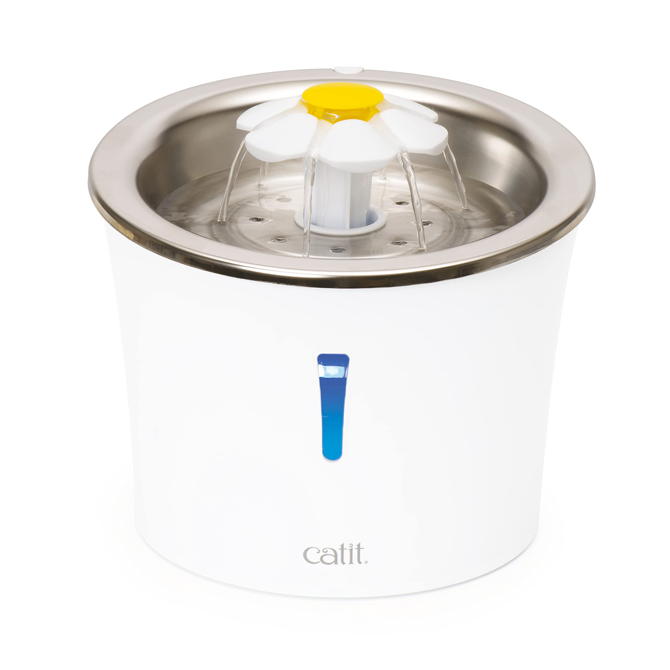 Catit Flower Stainless Steel Cat Water Fountain for Drinking with Water Level Window and LED Nightlight, Automatic Pet Drinking Fountain including a Triple Action Carbon Filter