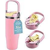 Winscj 32 oz Tumbler with Handle and Flip Straw,Fits in Cup Holder,Leak Proof Stainless Steel Vacuum Water Bottle,Reusable Insulated Stainless Steel,Suitable for Home Gym Trave Easy to Carry(Pink)