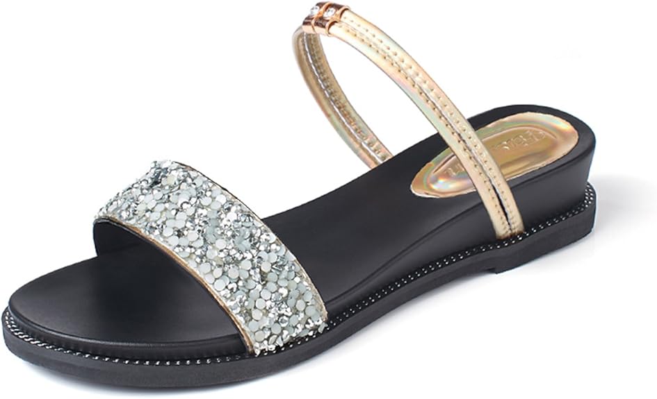Amazon.com | Feilongzaitianba Women Sandals Black Gold Flat Sandals Women Flat Rubber Sandalias 