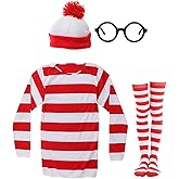 RKZVPN Red and White Striped Shirt Waldo Costume Women,Funny Sweatshirt Men,Wizard Glasses Hat Suits,Halloween Cosplay Shirts