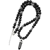 ElisaJewelryArt - Natural Quartz Pointed Pendant Black Lava Stone Beaded Necklace Genuine Gemstone Healing Stone Clasp Closure Necklace Unisex Necklace