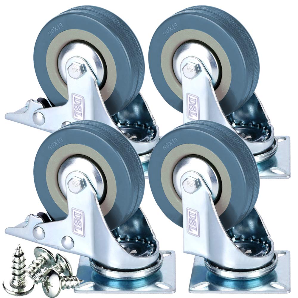 4 x Heavy Duty Braked 50mm Rubber Swivel Castor Wheel Trolley 200KG