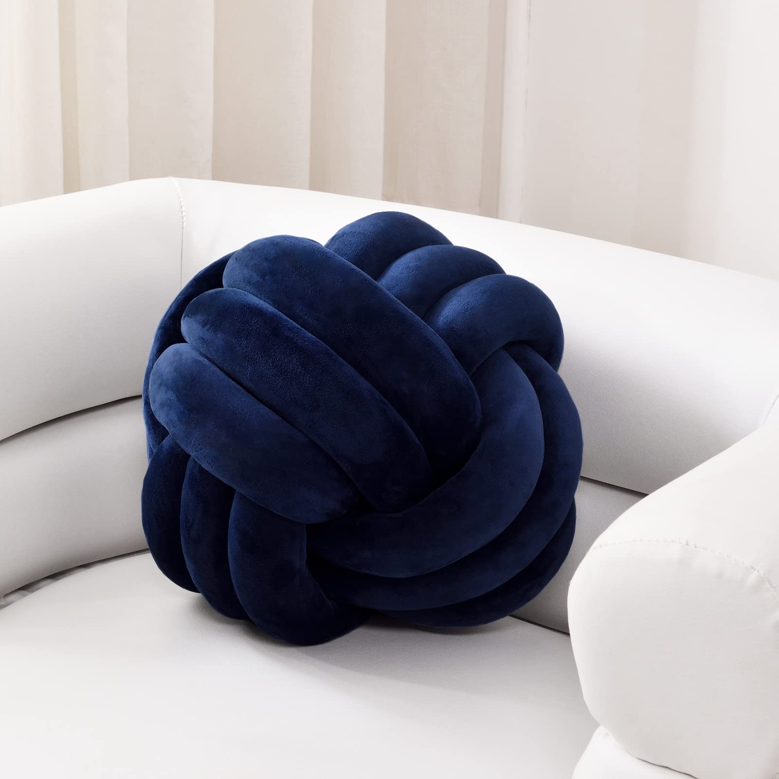 Sioloc Soft Knot Ball Pillow - Round Throw Cushion for Home Decoration, Handmade Plush Knotted Pillow (10.6 Inches, Navy)