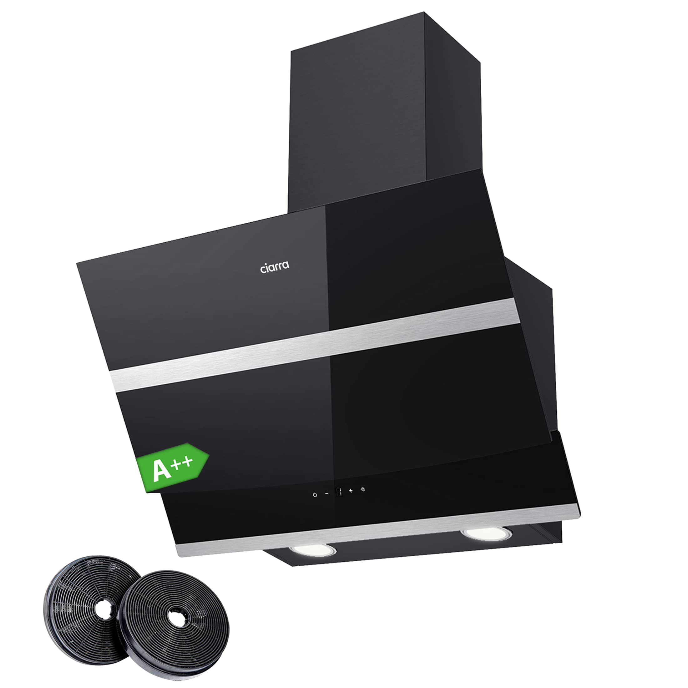 CIARRA CBCB6736N Class A++ 650m³/h Touch Control Angled Cooker Hood 60cm with Carbon Filters Recirculating & Ducting LED Lights Wall Mounted Range Hood 600mm Kitchen Extractor Fan