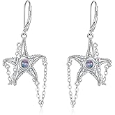 MONGAS Starfish Earrings Sterling Silver Created Opal Starfish Drop Dangle Earrings Ocean Beach Jewelry Gifts for Women