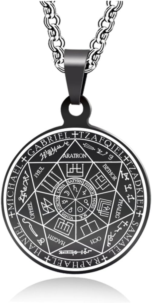 HANDMADE JEWELLERY - Seals of The Seven Archangels Black Pendant Choker Statement Silver Stainless Steel Necklace for Women Dress Accessories