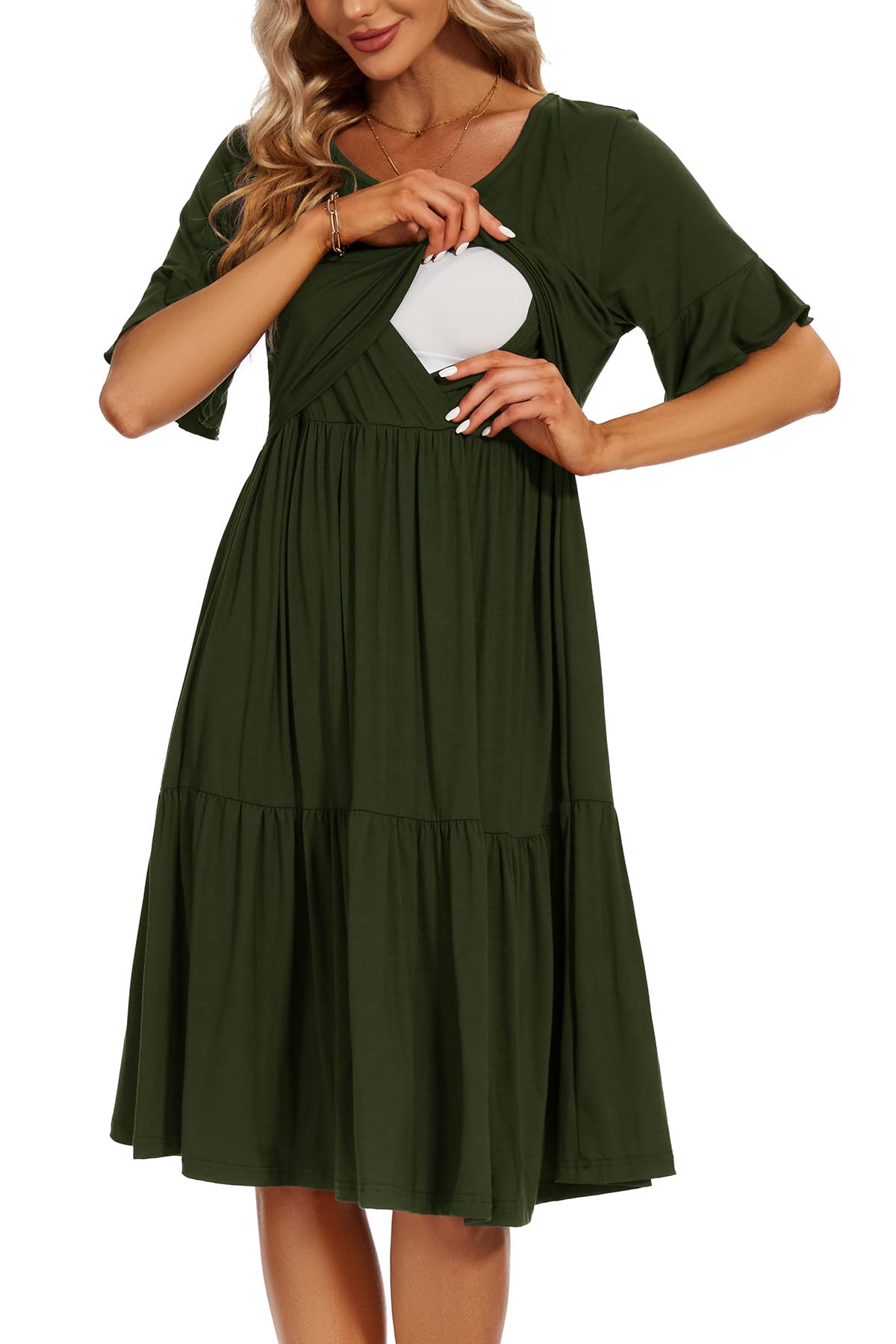 Photo 1 of Smallshow Women's Maternity Nursing Dress Ruffle Short Sleeve Breastfeeding Clothes Small Army Green small