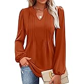 MIHOLL Women's V Neck Puff Long Sleeve T Shirts Pleated Casual Loose Tunic Blouse
