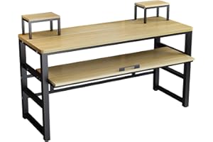 Zreephy Music Studio Recording Desk with 1 Piano Keyboard Tray, Music Production Workstation, Home Office Furniture Wooden Table (Light Walnut Color Board + Black Frame, 63 inches)