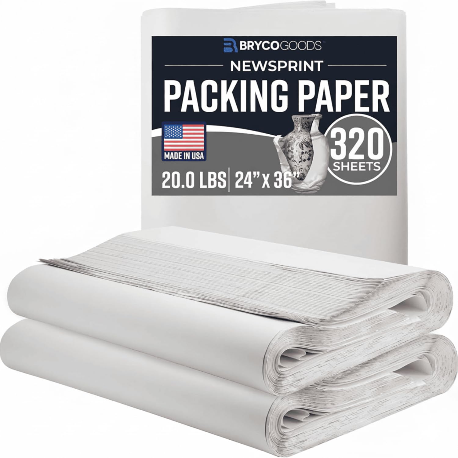Bryco Goods 24" x 36" Newsprint Packing Paper Sheets for Moving | 320 Sheets | 20lb | Made in USA | Newspaper Paper | Must Have in Your Shipping Supplies Image