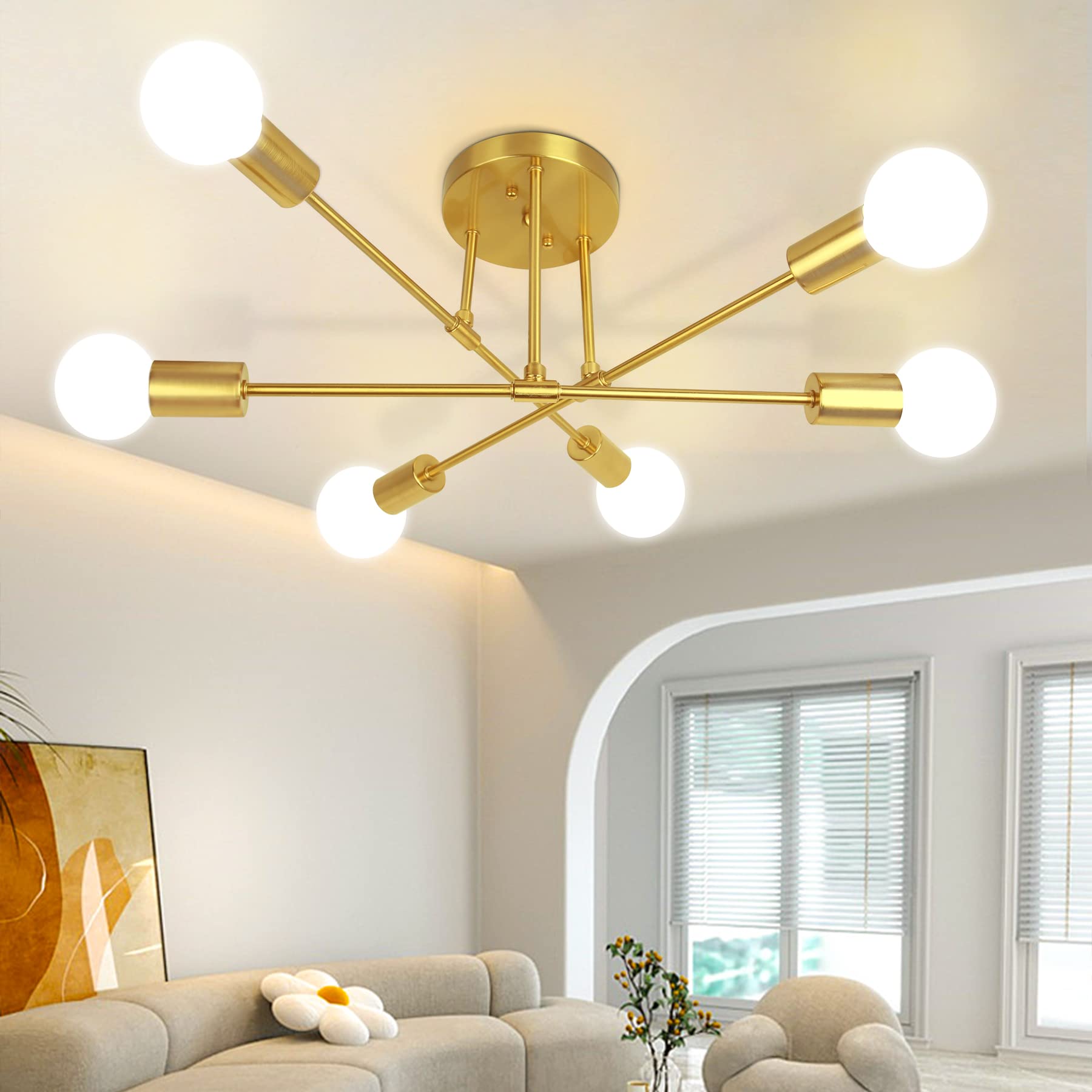 Photo 1 of CANMEIJIA Modern Sputnik Chandelier, Ceiling Light Fixture Flush Mount 6-Lights Gold Chandeliers for Living Room Bedroom Dining Room Kitchen, Mid Century Chandeliers, E26 Base, Bulbs Not Included