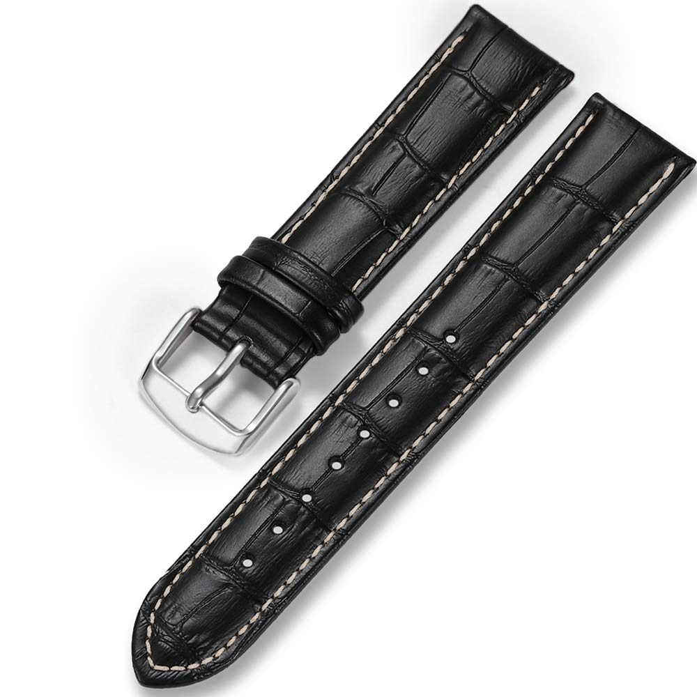 Leather Watch Strap 18mm 19mm 20mm 21mm 22mm 24mm Black Brown Embossed Grain Classic Design Replacement Watch Band Silver Polished Deployment Buckle for Men Women