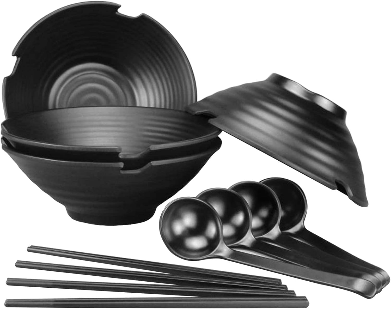 Ainbonte Japanese Ramen Bowl Set, Soup Bowl with Spoon and Chopsticks, 1100 ml Bowls for Pasta Udon Asian Noodles, Dishwasher Safe, Black (4)