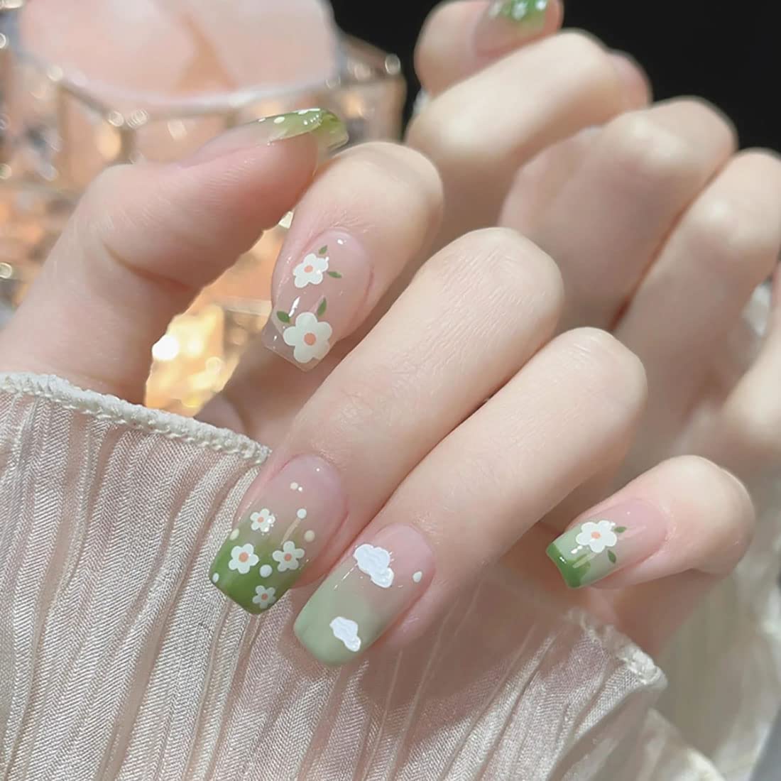 24 Pcs Press on Nails Short False Nails Green False Nails White Flower Fake Nail Glossy Fake Nails Full Cover Nails Art for Women and Girls Daily Decoration