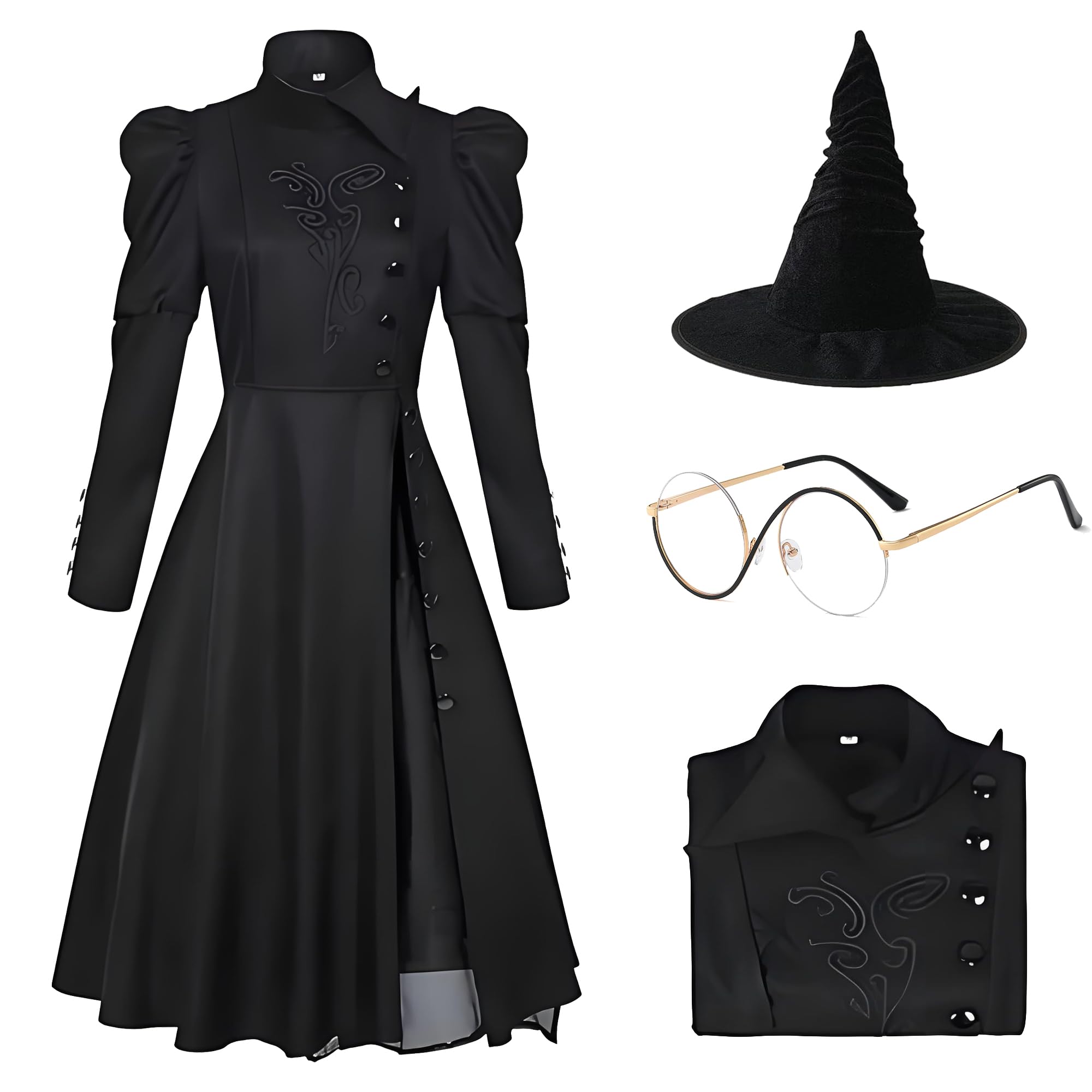 Photo 1 of **MISSING ACCESSORY PIECES** Appwincosly Elphaba Costume, Wicked Costume Women Set with Hat & Glasses, Black Dress for Halloween Cosplay Themed Party (Black, Adult-L)
