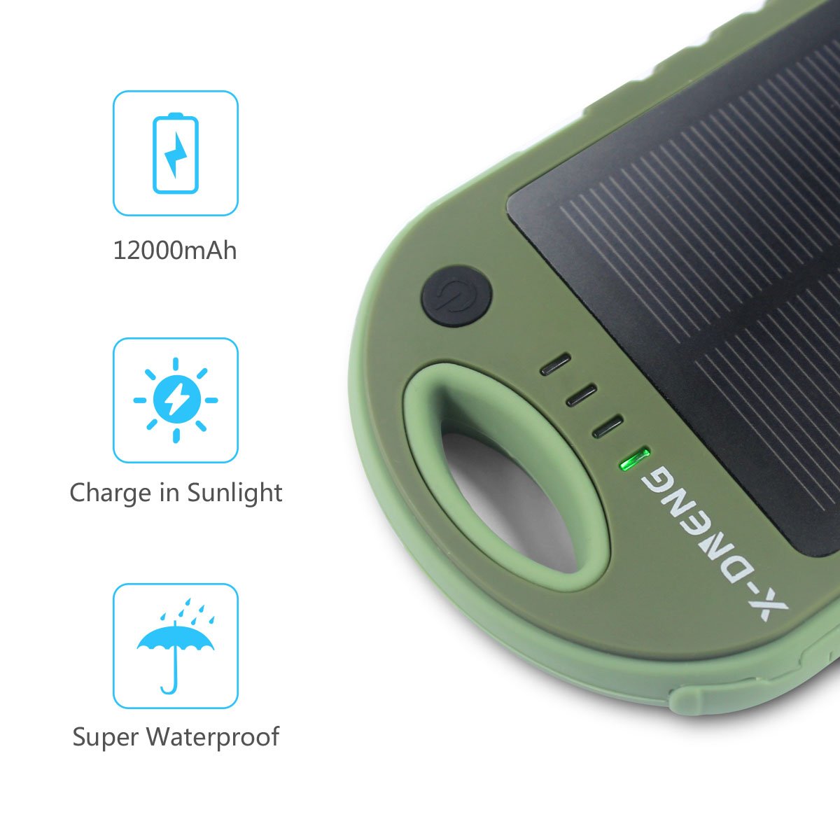 Solar Chargers 12000mAh Portable Solar Power Bank,Waterproof/Shockproof/Dustproof Solar Battery Charger Dual USB Port with Strong LED Light for Cellphone iPhone iPad Samsung Adroid Gopro GPS and More