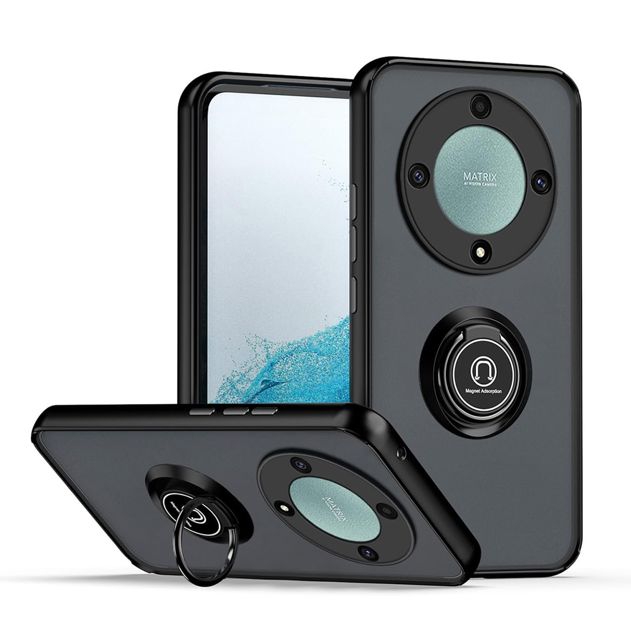 COMAKU Compatible with Honor Magic5 Lite 5G/Magic 5 Lite Case, with Ring Holder Stand, [Work with Magnetic Car Mount] PC + TPU Shockproof Anti-Scratch Protective Case - Black