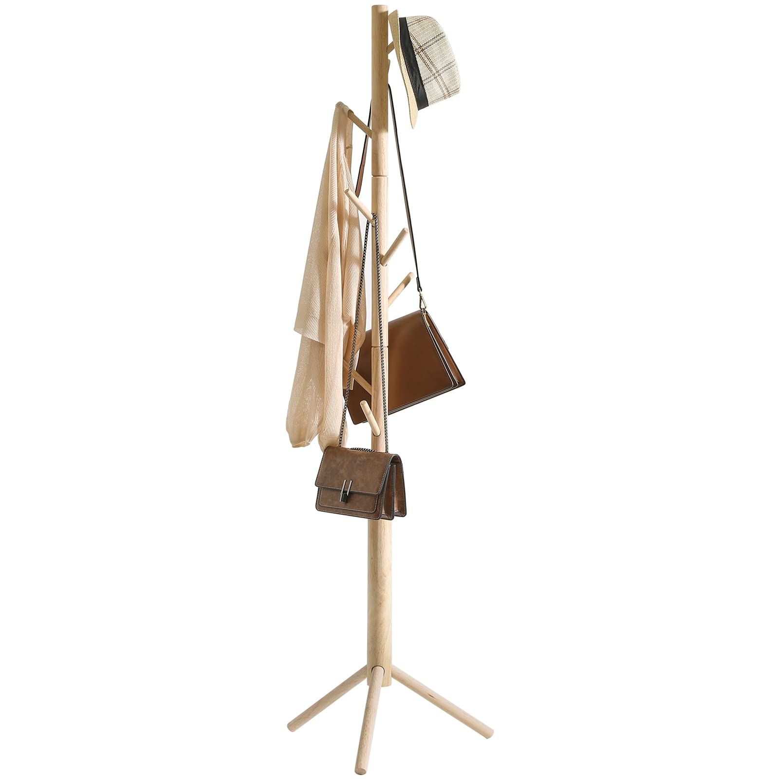 YMYNY Coat Rack Freestanding, Wooden Coat Rack with 8 Hooks, Adjustable Hall Tree for Entryway, Living Room, Hallway, Bedroom, Coat Hanger for Hat, Handbag, Clothes, Purse, Umbrella, Natural, HCR001N