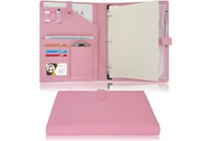 Wonderpool A4 PU Leather Portfolio Holder Ring File Document Case with Removable Binder Clipboard, Multi Pocket and Legal Pad for Business Organizer Interview and Meeting (Pink)