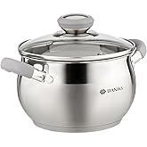 Daniks Modern 2 Quart Stainless Steel Stock Pot with Glass Lid, Tri-Ply Bottom for Even Heating, Induction Compatible, Dishwasher Safe, Heatproof Handles