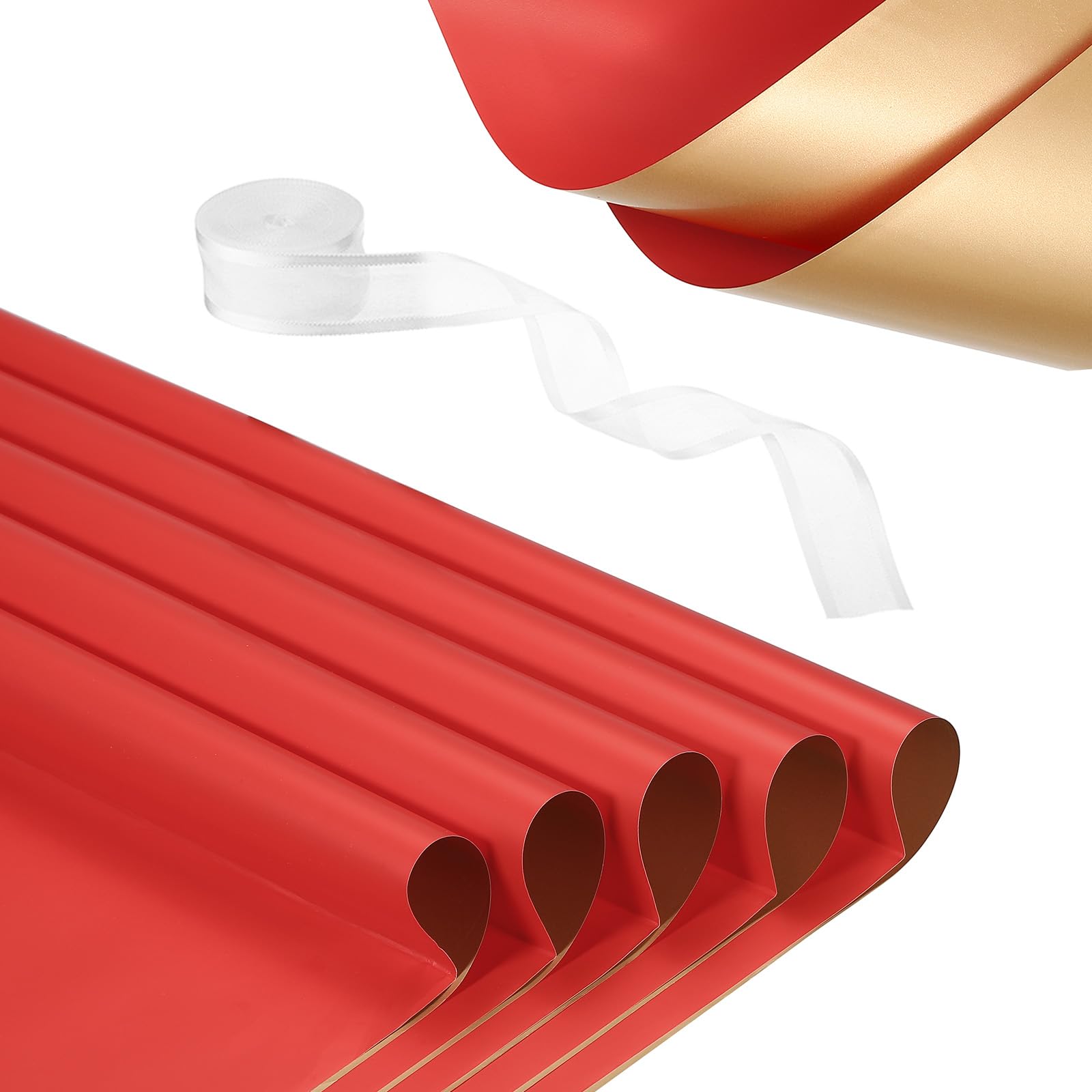 PATIKIL 20 Sheets Flower Wrapping Paper, Waterproof Flower Paper Wraps with Ribbon Floral Bouquet Supplies for DIY Crafts Packaging Bouquet, 22.8x22.8 Inch, Red/Gold Tone