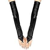 Long Keeper Elbow Long Gloves Sexy Black PU Leather Fingerless Women Arm Gloves with Finger Loops for Halloween Costume Party
