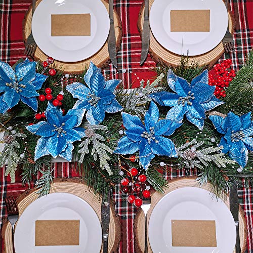 Winlyn 24 Set Christmas Blue Glitter Poinsettia Flowers Picks Christmas