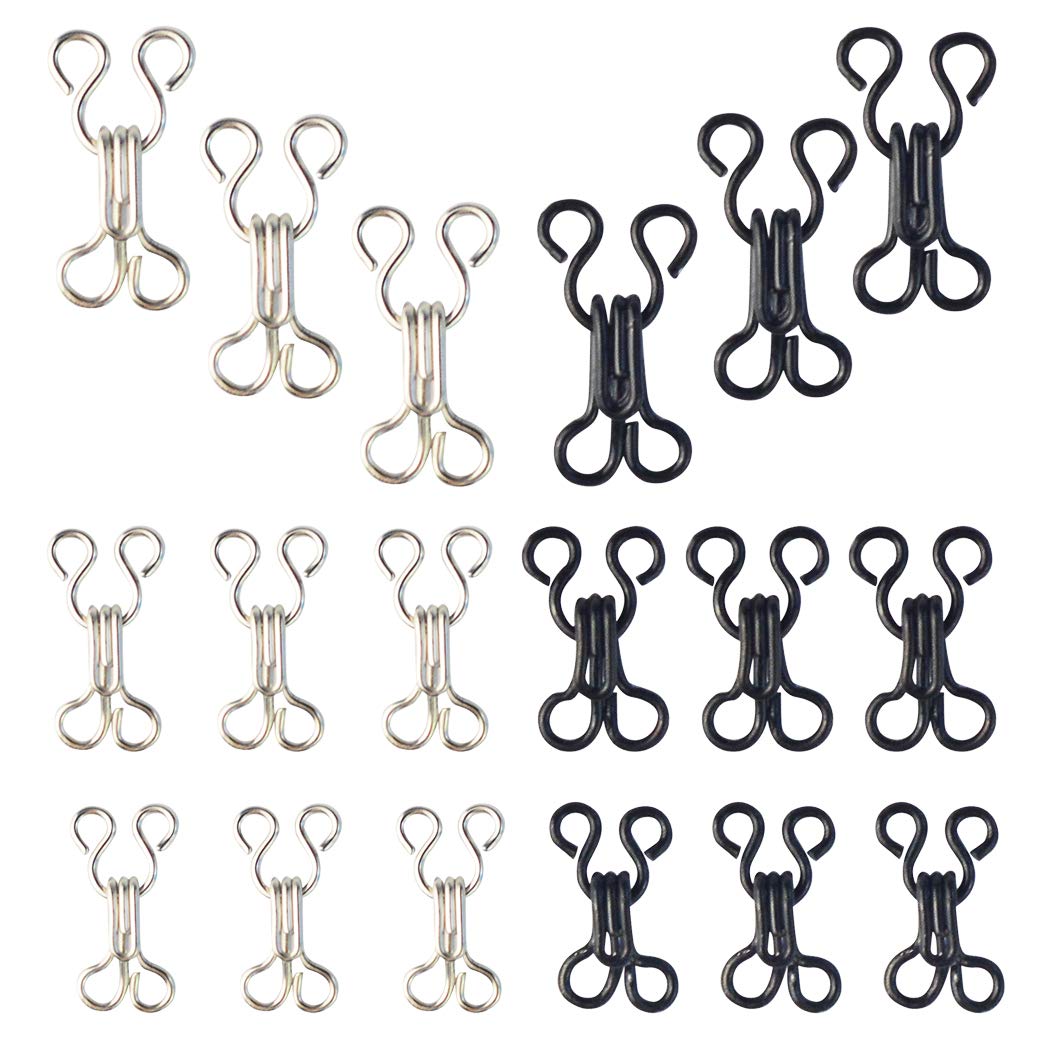 mifengdaer 60 Set Sewing Hooks 3 Sizes Metal Eyes Closure Bra Hooks Clothing Fasteners for Bra and Trousers Skirts Clothing Repair (Silver and Black)