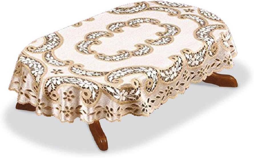 Tablecloth large oval linen/beige lace 140 x 250cm (55" x 98") elegant