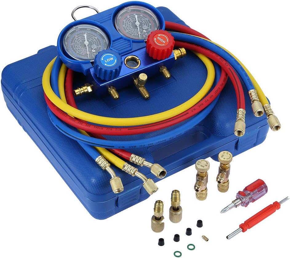 Amazon Com Ac Diagnostic Manifold Gauge Set Fits R410a R22 R32 Refrigerant A C Tool Kit For R410a Brass Hvac Service Set With 5 Ft Hoses Blue Garden Outdoor