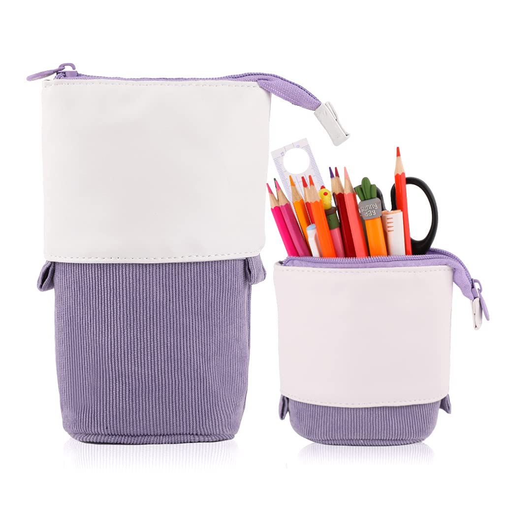 iSuperb Telescopic Pencil Case Stand up Pencil Holder Large Capacity Slider Pencil Pouch Pop up Pen Bag Aesthetic Corduroy Stationery Paint Pen Storage Case for Student Adult (Purple)