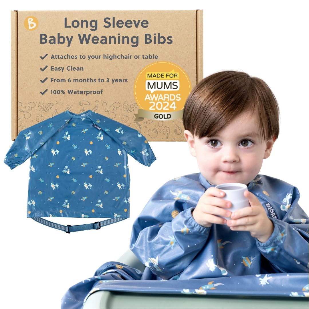 BIBaDO - Long Sleeve Baby Bibs - Babies & Toddlers 6-36 Months - Coverall Baby Weaning Bib - Easy Wipe Clean & Soft Fabric - Attach to Highchair & Tables - Waterproof - Machine Washable - Gifts