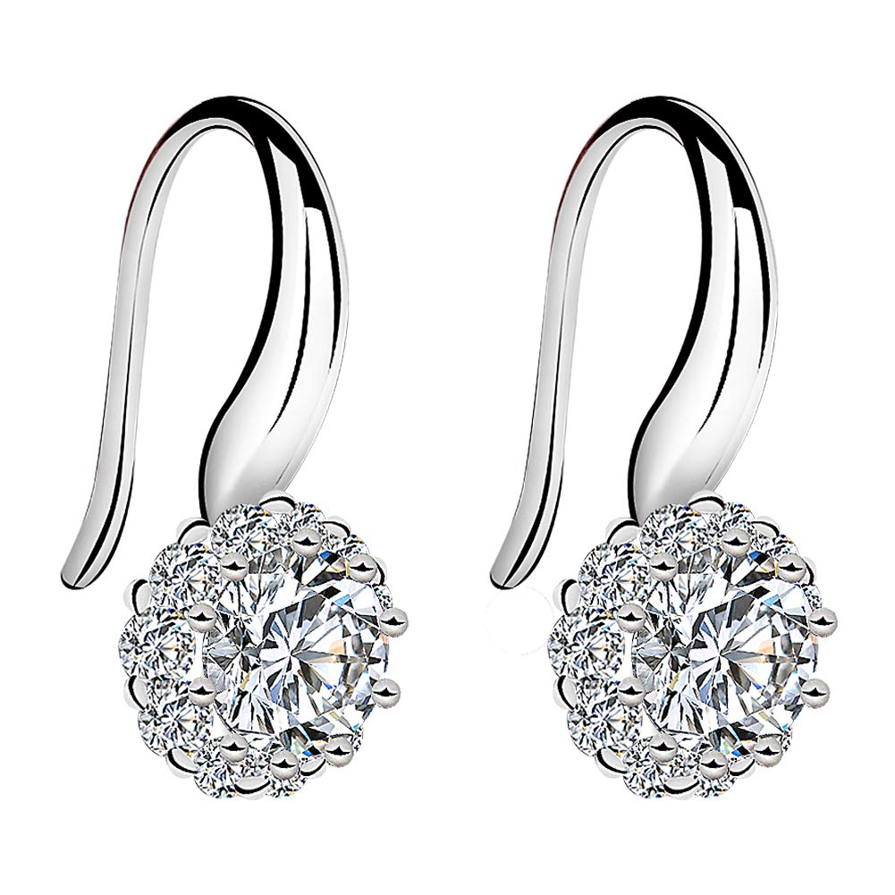 Meyiert Women's 925 Sterling Silver Clear Round Zircon Vintage Style Drop Dangle Hook Earrings (White)