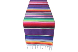 TOAROA 14x108 inch Mexican Serape Table Runner for Mexican Theme Party, Cinco de Mayo Fiesta Party, Day of Death Decorations, Falsa Classic Striped Fringe Pattern Cotton Blanket, Purple