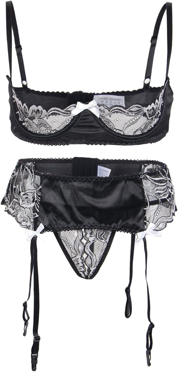 ohyeahlady Women's 3 Pieces Set Open Bust Bra Set Patchwork Lace Lingerie Set and Garter Belt Underwear